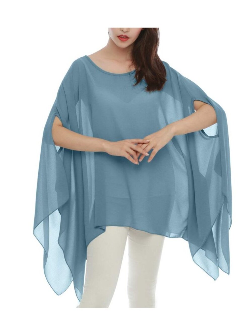 Women's Loose Solid Sheer Chiffon Caftan Poncho Batwing Tunic Top Blouse Summer